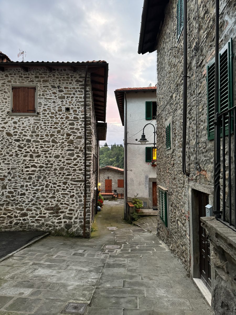 Gavinana from above — terracotta rooftops, the Pieve bell tower and the Apennine mountains