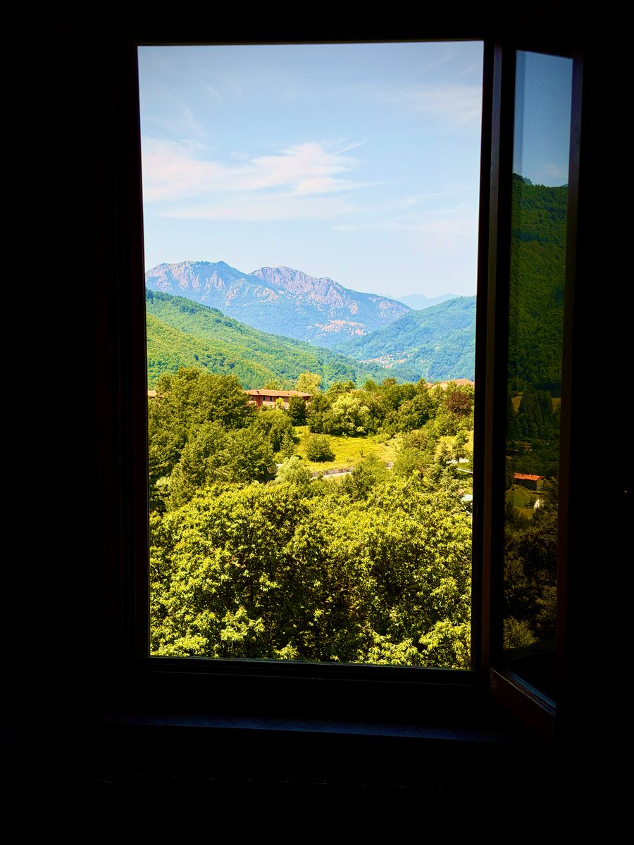 View from il Nido over the rooftops of Gavinana into the mountains